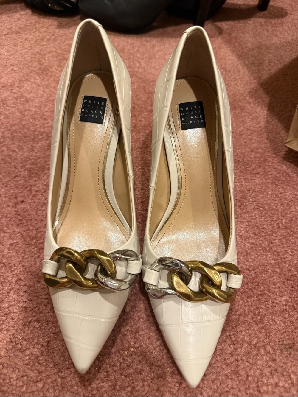 White House Black Market Ivory Croc-Embossed Pointed Toe Pumps with Chain Accent